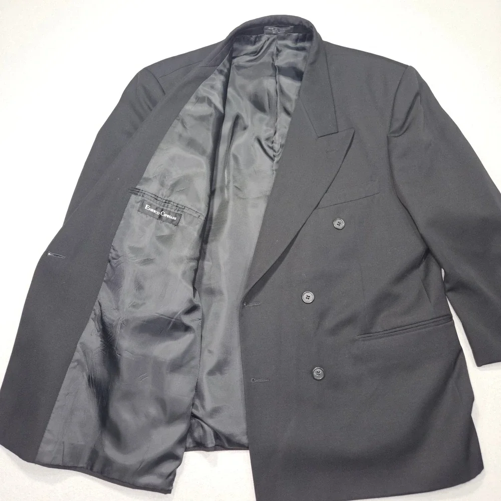 VTG Enrico Cipriani Double Breasted Wool Blazer Jacket Black Sz 44